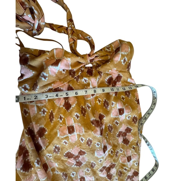 Aerie Mustard Yellow Geometric Print Halter Maxi Dress‎ Tiered High Low Size XS - Picture 3 of 12